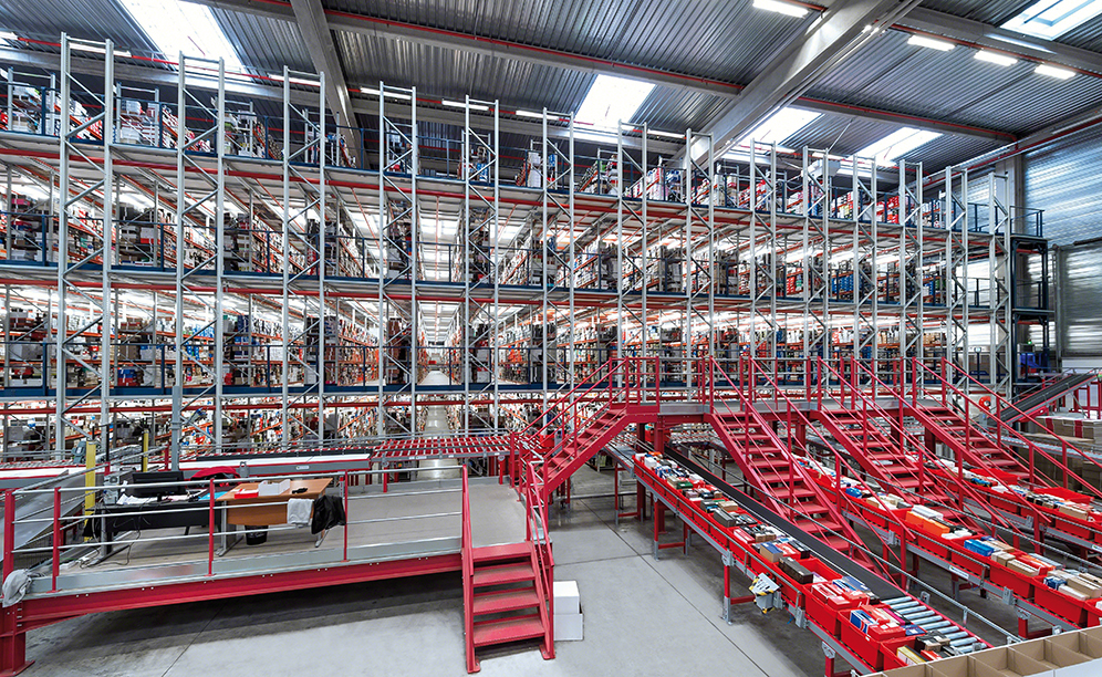A large picking installation with conveyors to manage the online sales of 10,000 pairs of shoes a day