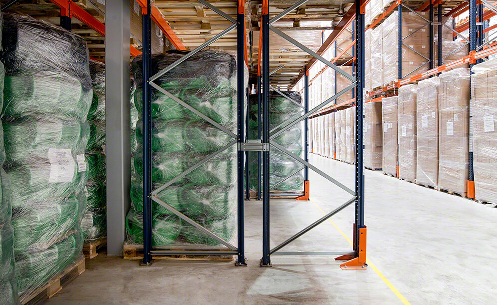 Racking can accommodate two pallets on each side of the aisle